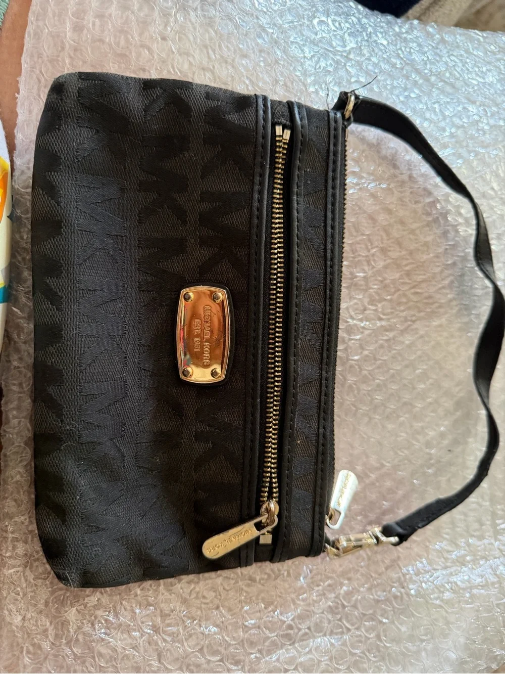Michael Kors Black MK Monogram Wristlet with Gold Hardware